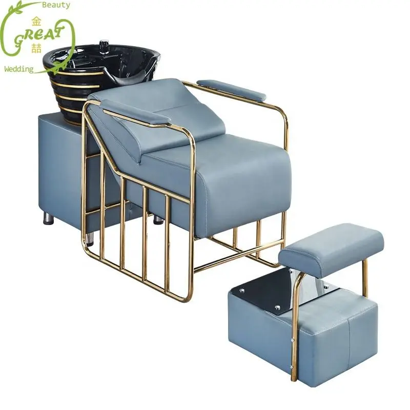 Best Sale High Quality Luxury Gold Shampoo Chair Bed Hair Washing Unit Basin With Ceramic Bowl