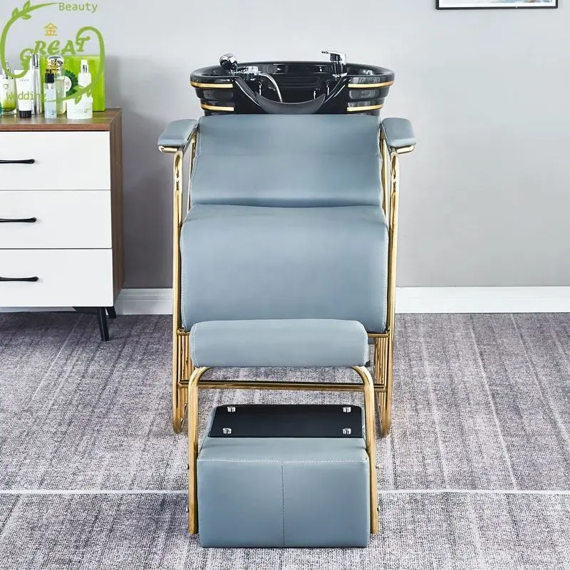 Best Sale High Quality Luxury Gold Shampoo Chair Bed Hair Washing Unit Basin With Ceramic Bowl