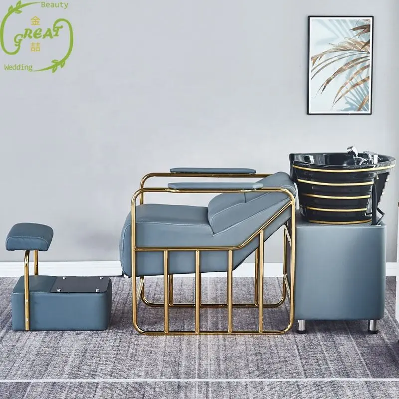 Best Sale High Quality Luxury Gold Shampoo Chair Bed Hair Washing Unit Basin With Ceramic Bowl