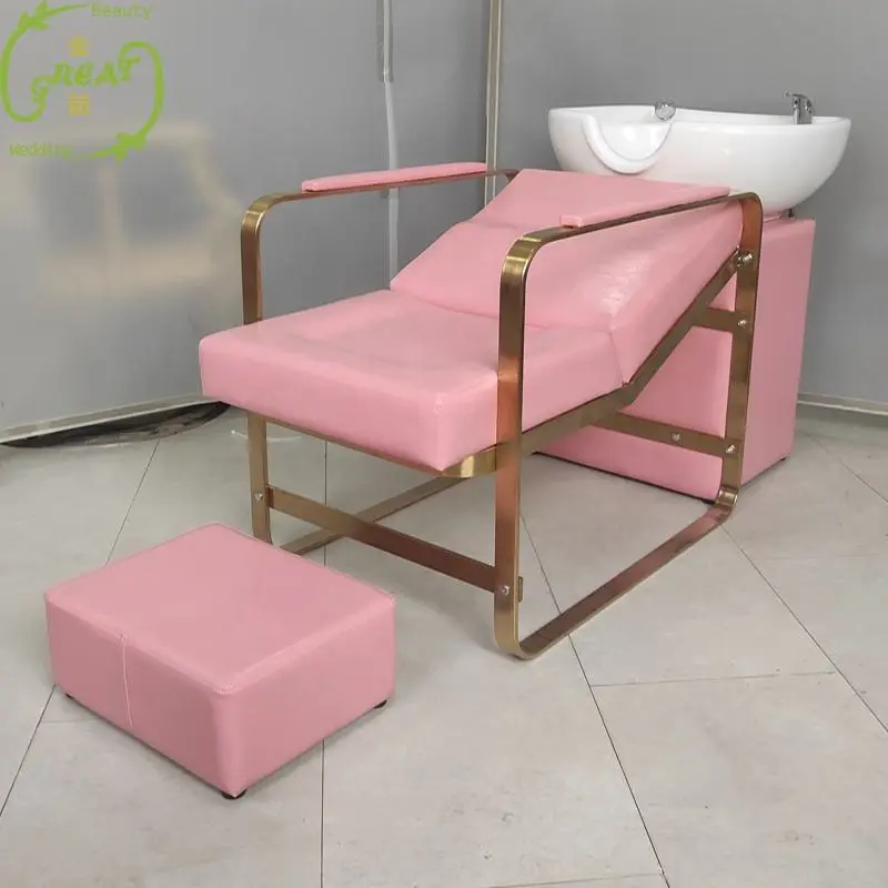 Best Selling Gold+Pink Reclining Salon Shampoo Chair With Washing Sink And Footrest