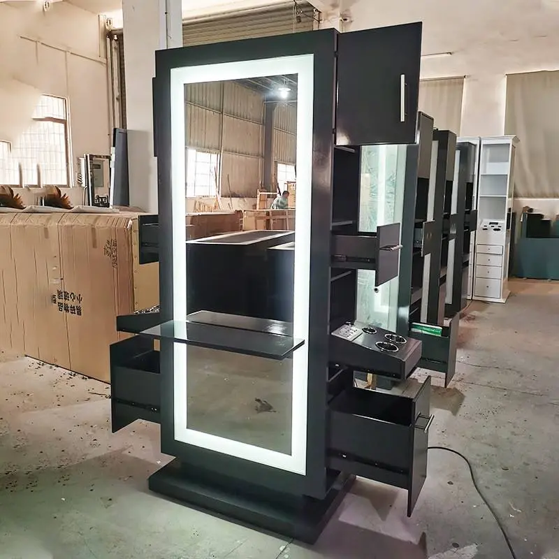Vintage Black Beauty Hair Barber Station Led Wooden Multifunction Storage Salon Mirror With Cabinet