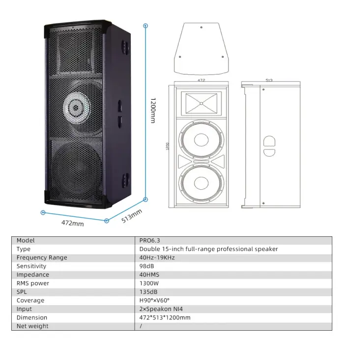 Lane PRO6.3 Black Double 15 inch Full range Home Theater Party Box PA System