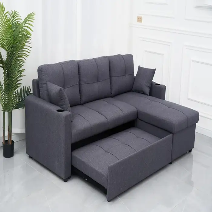 Living Room Corner Sofa Bed with Storage Foldable Leather Linen Modern Sofa Cum Bed for Bedroom