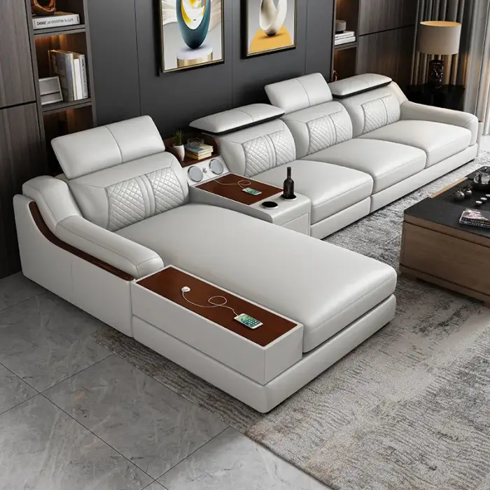 Italian luxury leather sectional sofa couch with USB charging and bluetooth speaker