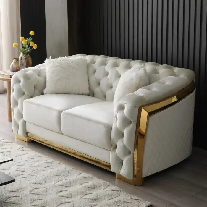 NOVA Light Luxury Living Room Tufted Couch Set Furniture Velvet Loveseat Ivory White 2 3 Seater Sofas Gold Frame Sofa