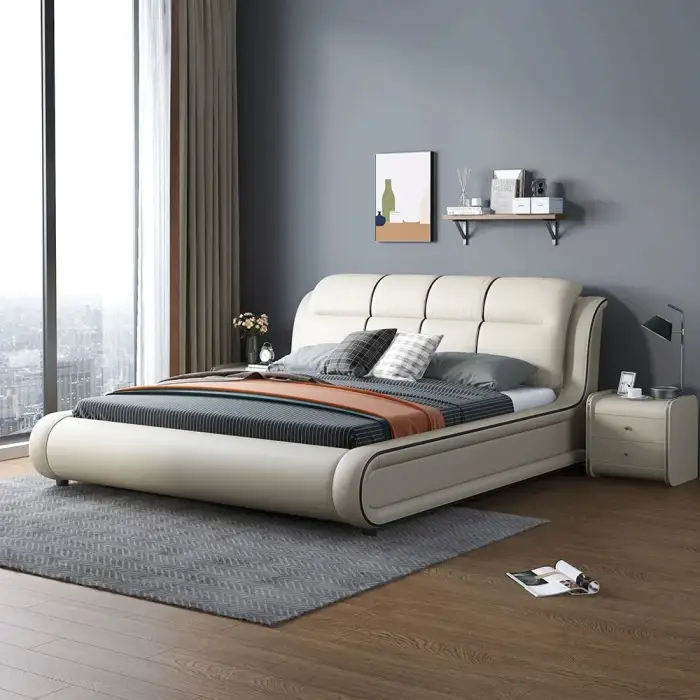 Modern double bed hotel queen leather wooden upholstered bed design eco friendly durable bed