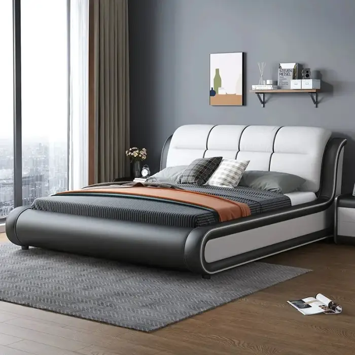 Modern double bed hotel queen leather wooden upholstered bed design eco friendly durable bed