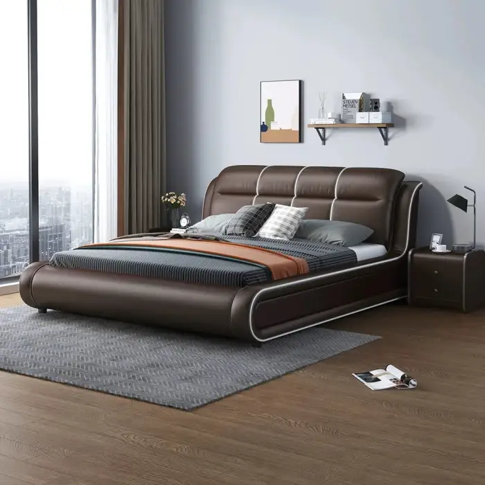 Modern double bed hotel queen leather wooden upholstered bed design eco friendly durable bed