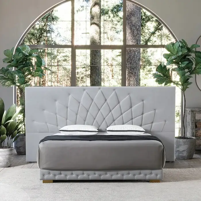 Italian Luxury Upholstered Leather Bedroom Bed With Extended Headboard