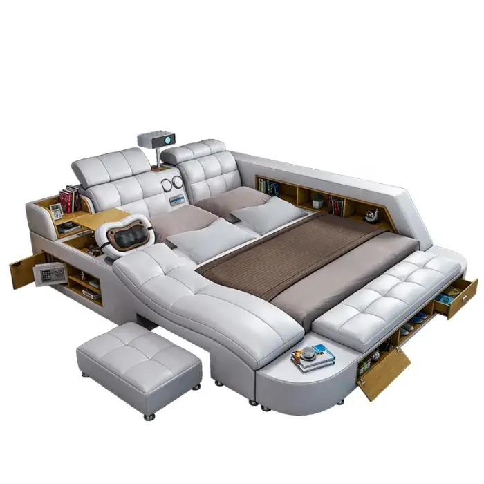 Quality luxury leather king smart bed with sound system projector and massage