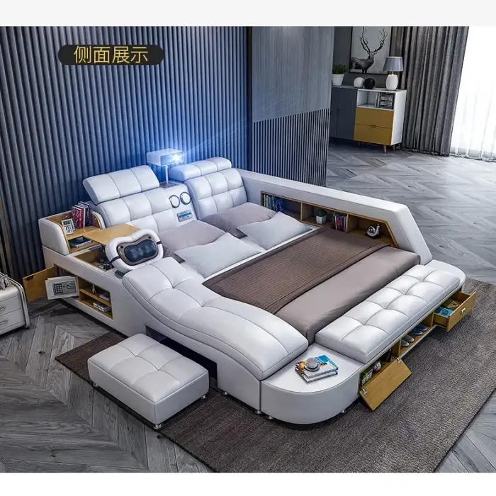 Quality luxury leather king smart bed with sound system projector and massage