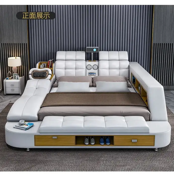 Quality luxury leather king smart bed with sound system projector and massage