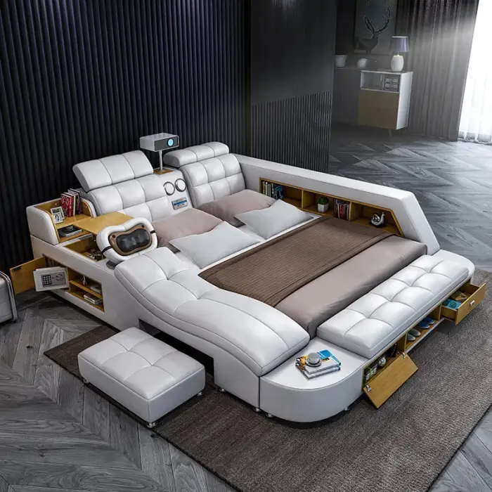 Quality luxury leather king smart bed with sound system projector and massage