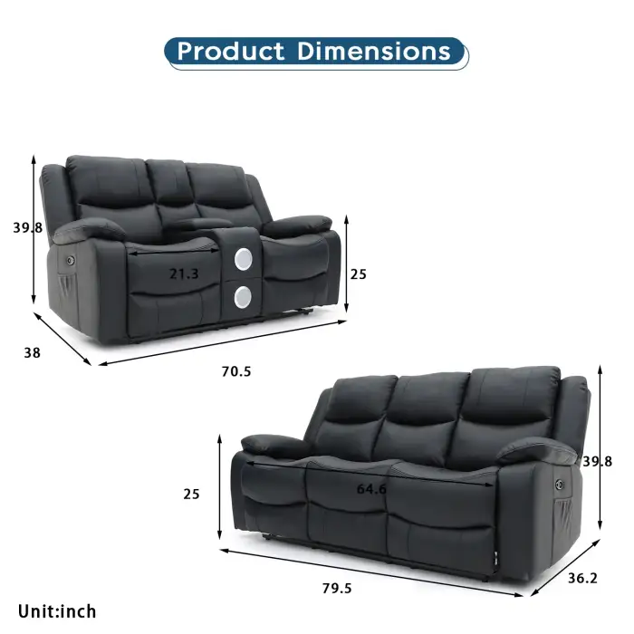 Geeksofa 3+2+1 Air Leather Power Electric Motion Recliner Sofa Set with Console and Bluetooth Speakers for Living Room Furniture