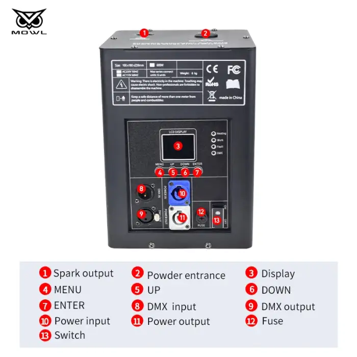 MOWL 600W 650 W 650W 700w Mini Wireless Fireworks Sparkler Jet Fountain Cold Spark Machine for Wedding