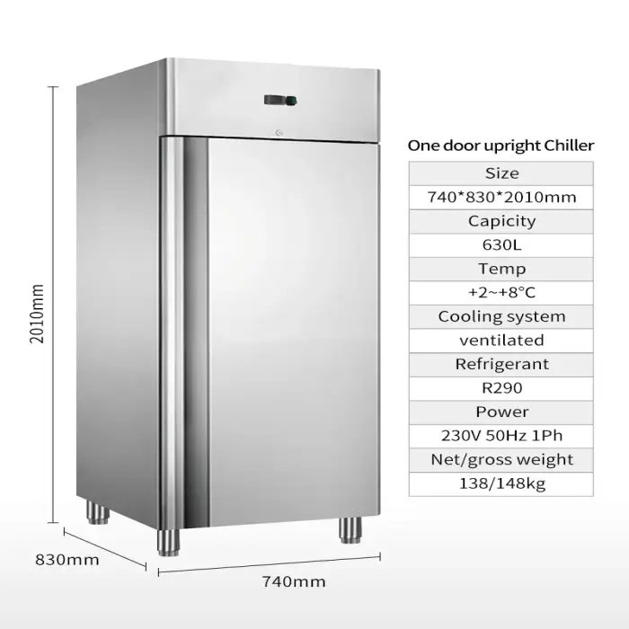 630L Commercial Refrigerator With Single Door 740mm Vertical Stainless Steel Door Deep Freezer