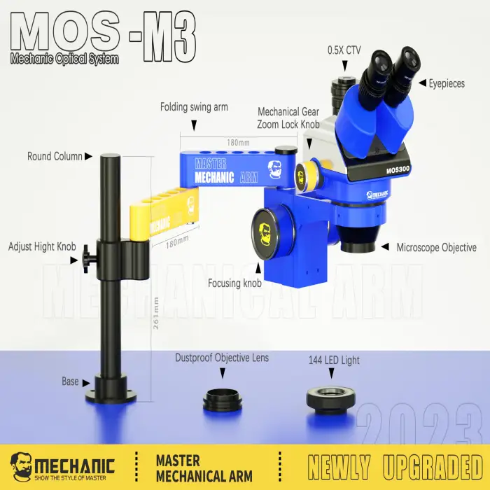 MasterMechanic MOS300-M3 Trinocular Stereo Microscope with  Adjustable Microscope Arm Stand Zoom for Phone Camera Repair Tools