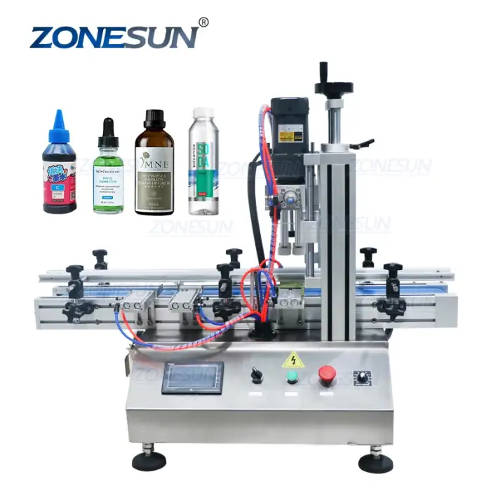 ZONESUN ZS-XG1860 Spray Electrical Full Automatic Engine Oil Screw Round Bottle Capping Machines With Conveyor