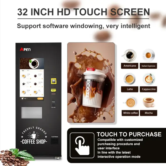 AFEN automatic hot fresh ground coffee vending machine with cash credit card coin acceptor