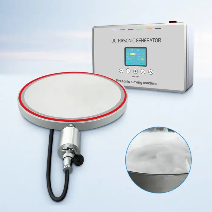 Ultrasonic screening sieve system with ultrasonic sieve generator and transducers