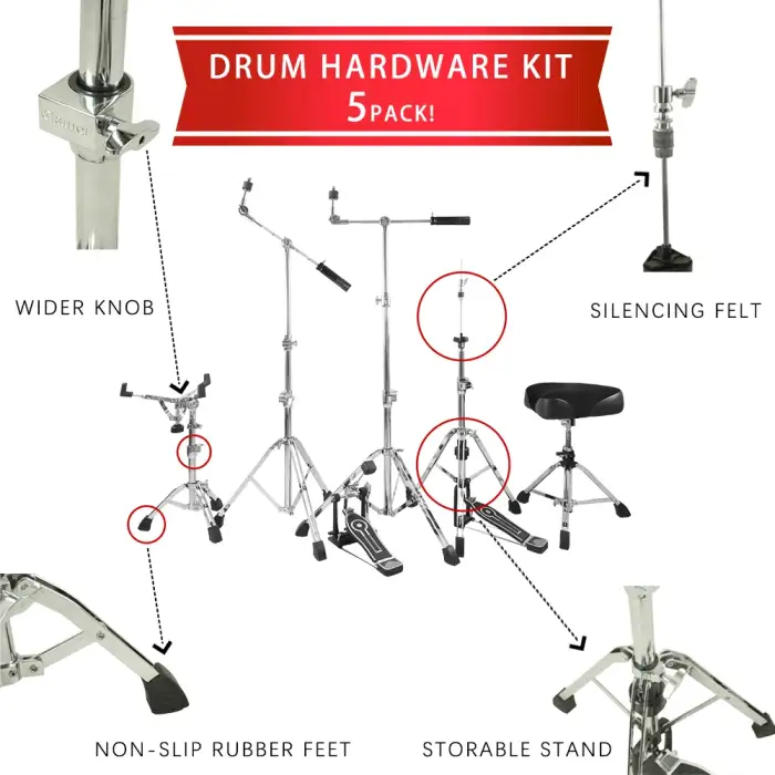 6 Piece Cymbal Stand Hardware Pack Set Percussion Drum Hardware Kit with Snare Hi-Hat Pedal Cymbal Boom Straight Cymbal Stand