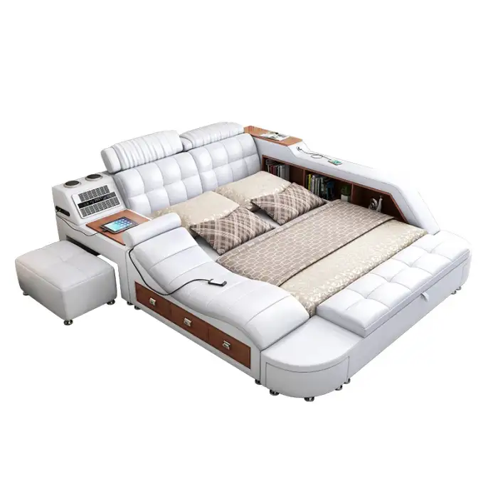 First class Italian Genuine Leather bedroom message micro fiber multi functional Intelligent sectional reclining smart bed