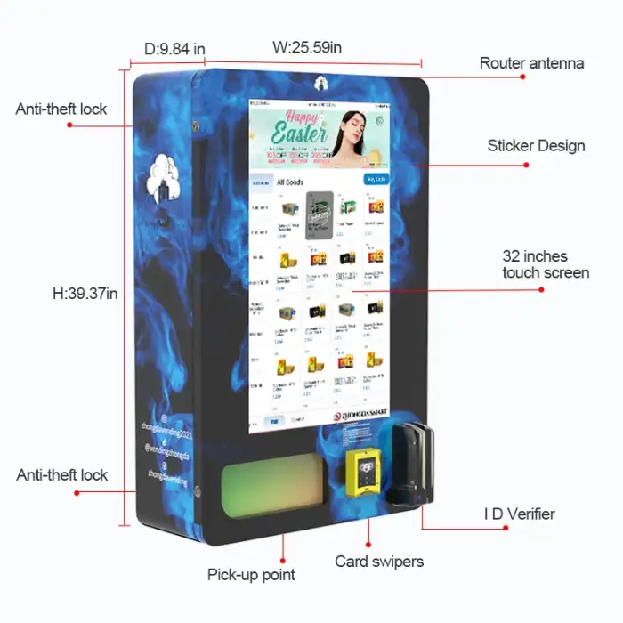 24-Hour wall-mount Vending Machine Customizable Small ID Card Reader Coin,QR Code,Token Payment