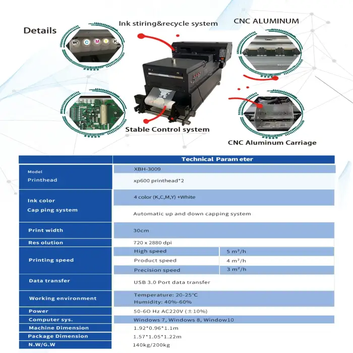 XBH-3009 30cm DTF printer machine with 2pcs xp600 printheads for A3 Heat Pet Film textile,fabric printing