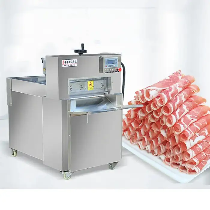 Automatic Industrial Vertical 190Mm Two Blades Salmon Fillet Steak Fish Slicer Meat Roll Slicer  Frozen Meat Slicer