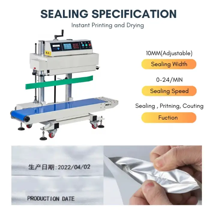 TEPPS 280MBP Smart Vertical Continuous Heat Sealing Machine Date Code Sealer for M-Fold Thick Rice Bag