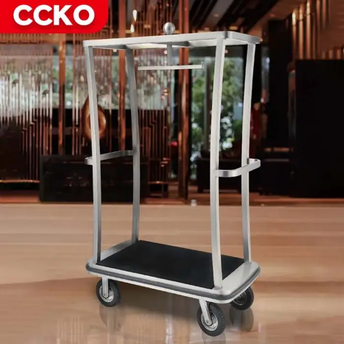 Sand Steel Restaurant Lobby Baggage Trolley Hotel Luggage Trolley Bellman Four Wheels Bellboy Cart Serving Trolley Luggage Carts