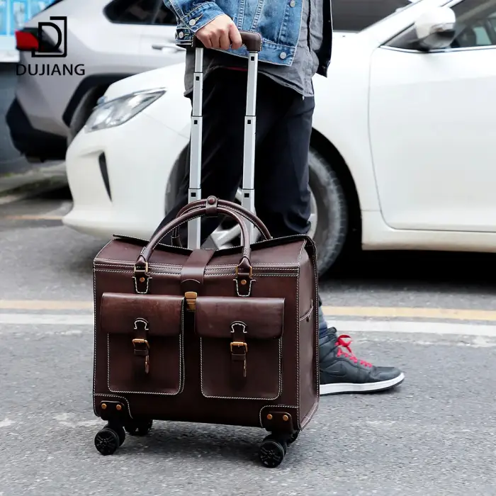 Genuine Leather Travelling Bags Luggage Trolley Set Business Suitcase Wheels 19 Inch Trolley Pilot Travel Bags For Women Men