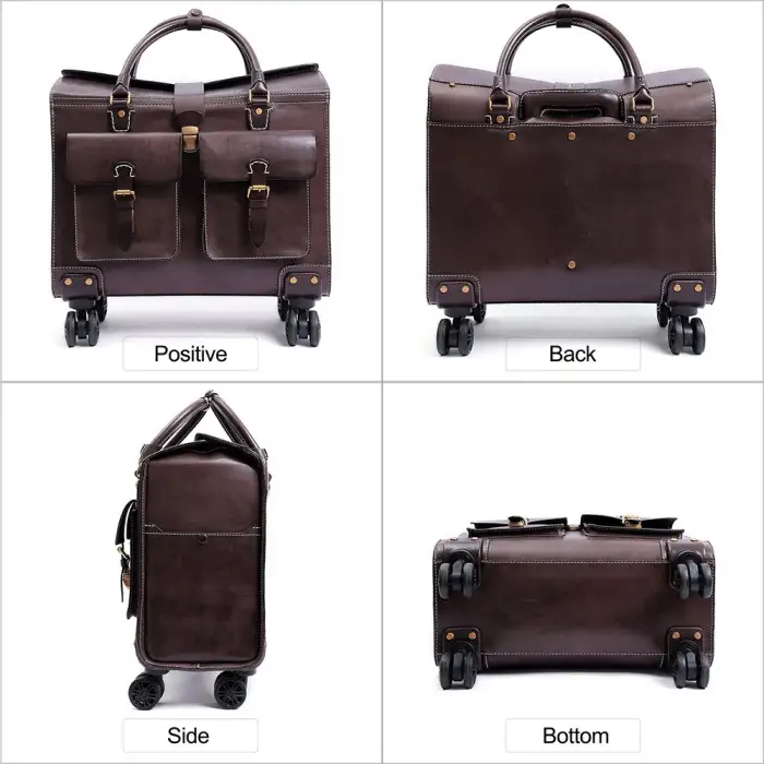 Genuine Leather Travelling Bags Luggage Trolley Set Business Suitcase Wheels 19 Inch Trolley Pilot Travel Bags For Women Men