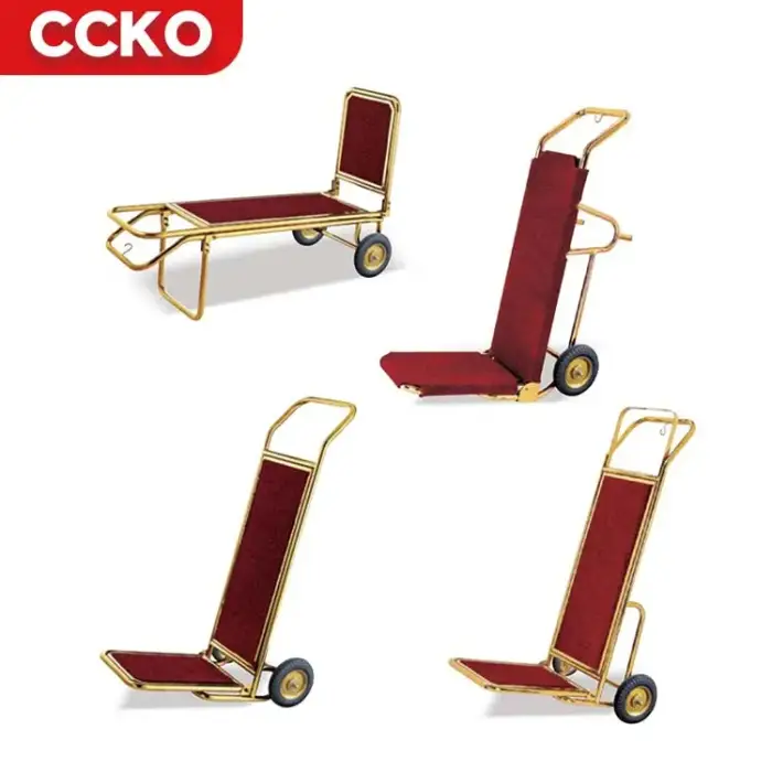 Luxury 5 Star Lobby Banquet Guestroom Service Gold Stainless Steel Luggage Carts Bellman Bellboy Cart Hotel Luggage Trolley Cart