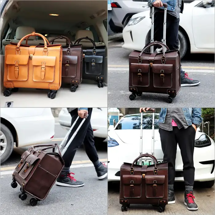 Genuine Leather Travelling Bags Luggage Trolley Set Business Suitcase Wheels 19 Inch Trolley Pilot Travel Bags For Women Men