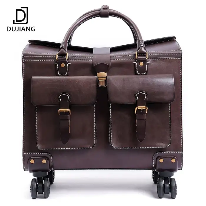 Genuine Leather Travelling Bags Luggage Trolley Set Business Suitcase Wheels 19 Inch Trolley Pilot Travel Bags For Women Men