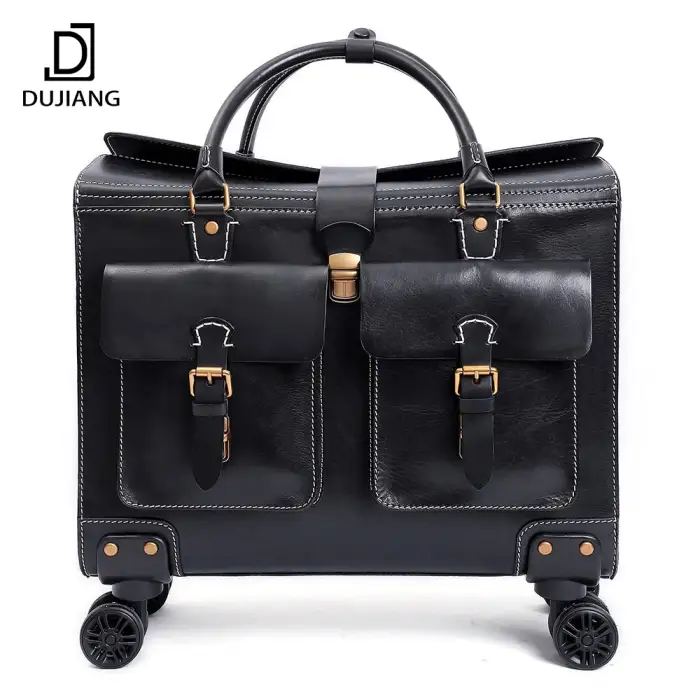 Genuine Leather Travelling Bags Luggage Trolley Set Business Suitcase Wheels 19 Inch Trolley Pilot Travel Bags For Women Men