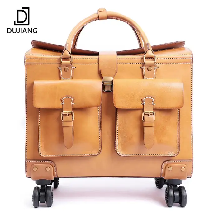 Genuine Leather Travelling Bags Luggage Trolley Set Business Suitcase Wheels 19 Inch Trolley Pilot Travel Bags For Women Men