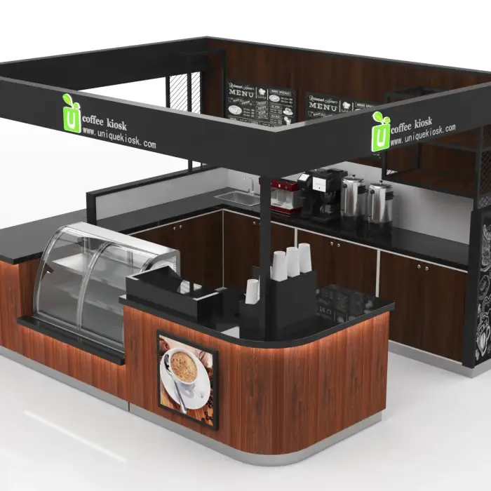 Wooden modern coffee kiosk upscale coffee and juice showcase counter indoor or outdoor coffee bar with chairs