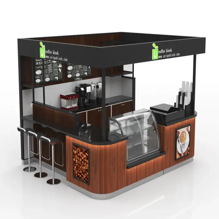 Wooden modern coffee kiosk upscale coffee and juice showcase counter indoor or outdoor coffee bar with chairs