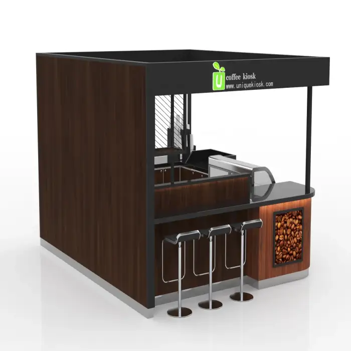 Wooden modern coffee kiosk upscale coffee and juice showcase counter indoor or outdoor coffee bar with chairs