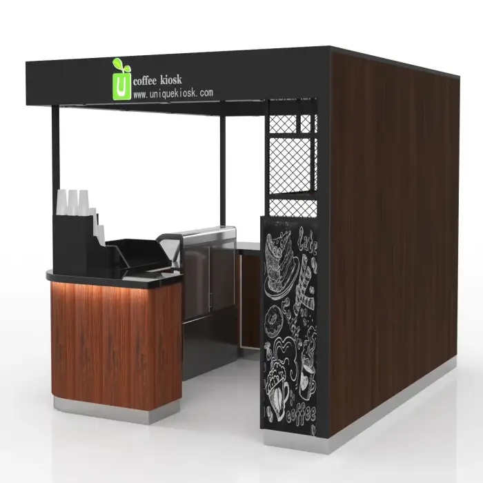 Wooden modern coffee kiosk upscale coffee and juice showcase counter indoor or outdoor coffee bar with chairs