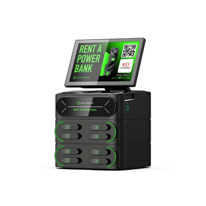 an embedded POS stackable station with screen 4g sharing power bank with app 8 slots cell phone charging locker station