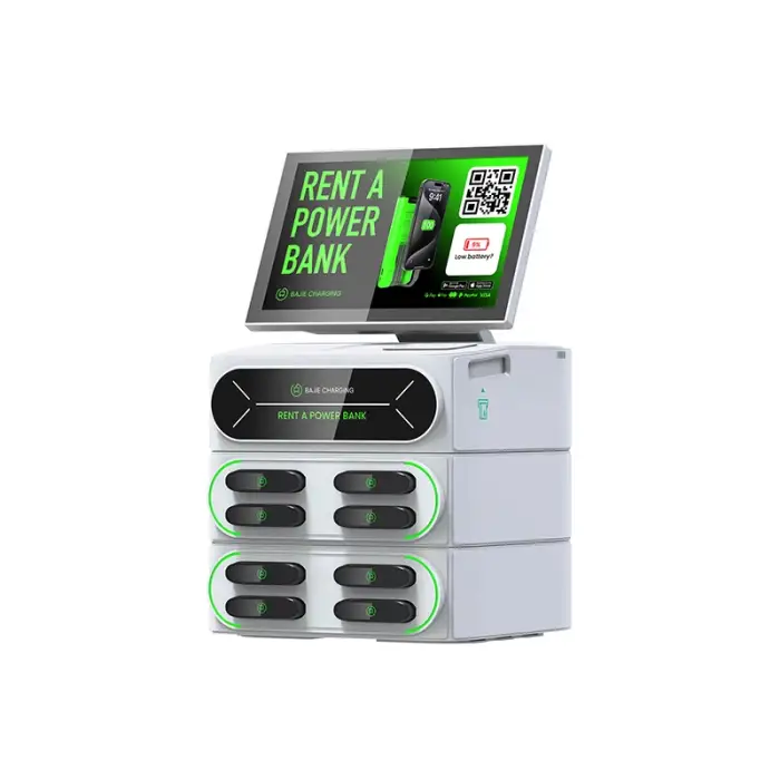 an embedded POS stackable station with screen 4g sharing power bank with app 8 slots cell phone charging locker station