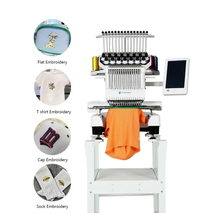 Promaker computerized 12 or 15 needles t-shirt hat single head embroidery machine for home use