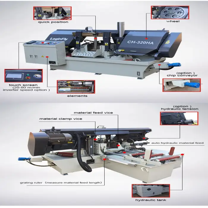 CH-320HA Double Column Automatic Band Saw Machine Condition Gear Motor Core Components Iron Cut Mechanical Tension