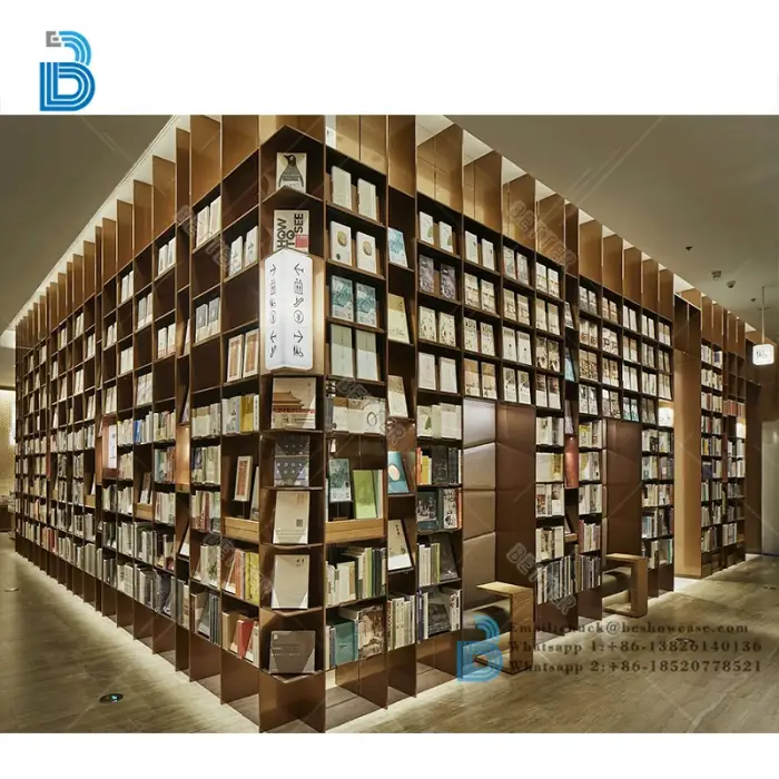 Modern Wood Bookshelf Custom Wooden Bookstore Display Shop Fitting Book Cabinet Library Furniture