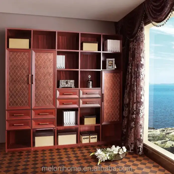 Brown Color elegant with glass door library bookcase with doors