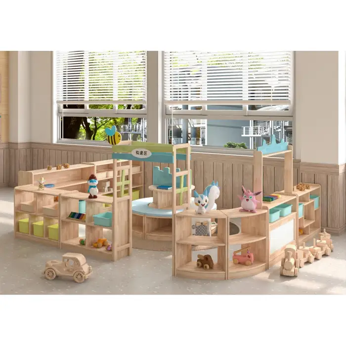 kindergarten school modern wooden kids'  furniture student desk and chair cabinet play set