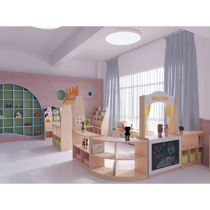 kindergarten school modern wooden kids'  furniture student desk and chair cabinet play set